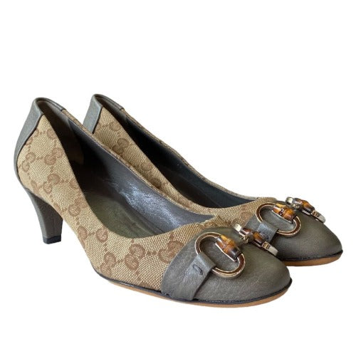 NEW GUCCI Beige GG Logo Canvas Grey Leather Cap Toe&Heels Kitten Heel Pumps, Size 36