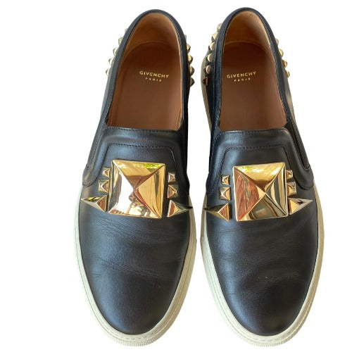 GIVENCHY Black Leather Gold Stud Embellished Skate Sneakers, Size 38