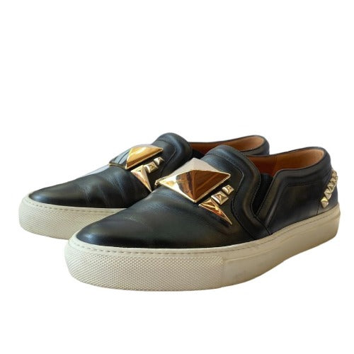 GIVENCHY Black Leather Gold Stud Embellished Skate Sneakers, Size 38