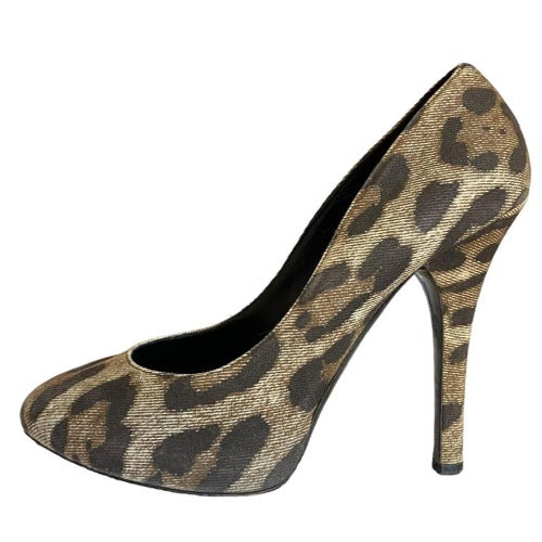 DOLCE & GABBANA Brown/Beige/Black Leopard Print Denim Pumps, Size 39
