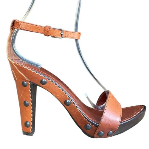 NEW YVES SAINT LAURENT Brown Leather, Studded, Ankle Strap Wooden Sandal Size 37