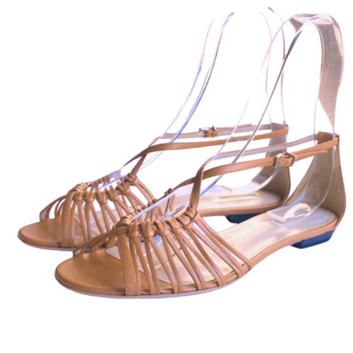 NEW GIORGIO ARMANI Beige Leather Strappy Ankle Strap Flat Sandals, Size 37.5