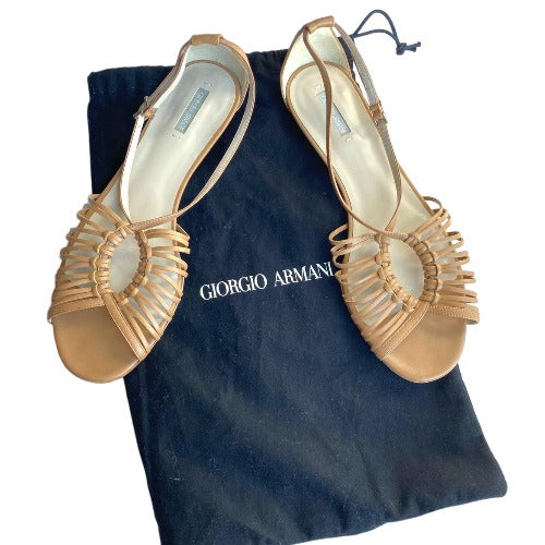 NEW GIORGIO ARMANI Beige Leather Strappy Ankle Strap Flat Sandals, Size 37.5