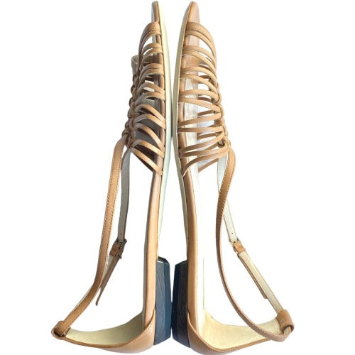 NEW GIORGIO ARMANI Beige Leather Strappy Ankle Strap Flat Sandals, Size 37.5