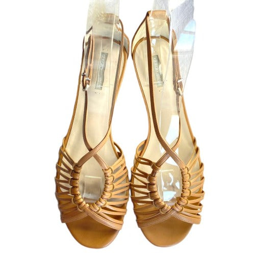 NEW GIORGIO ARMANI Beige Leather Strappy Ankle Strap Flat Sandals, Size 37.5