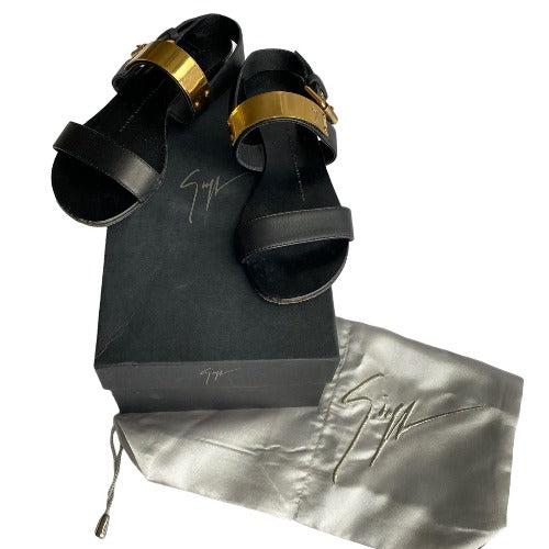 GIUSEPPE ZANOTTI Black Leather Gold Detail Zak Flat Sandals, Size 36