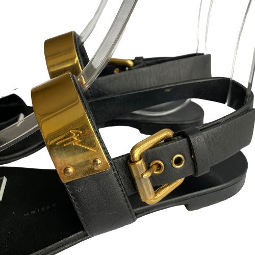 GIUSEPPE ZANOTTI Black Leather Gold Detail Zak Flat Sandals, Size 36