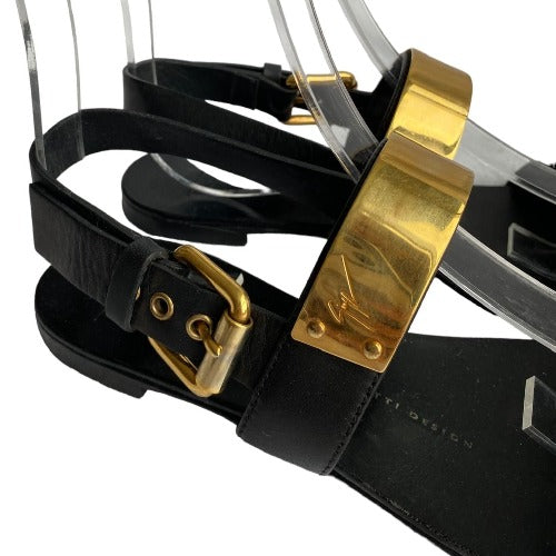 GIUSEPPE ZANOTTI Black Leather Gold Detail Zak Flat Sandals, Size 36