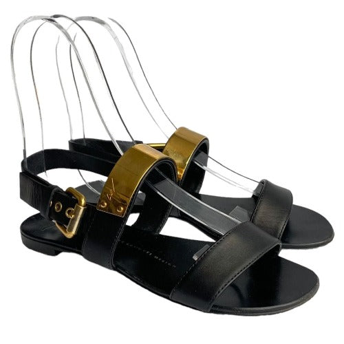GIUSEPPE ZANOTTI Black Leather Gold Detail Zak Flat Sandals, Size 36