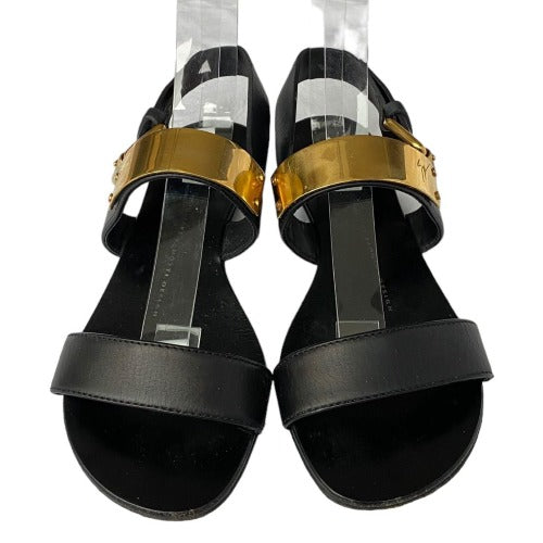 GIUSEPPE ZANOTTI Black Leather Gold Detail Zak Flat Sandals, Size 36