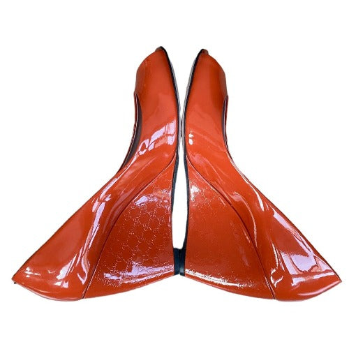 GUCCI Burnt Orange Patent Leather Peep Toe Monogram Heel Wedge Sandals Size 39.5