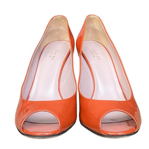GUCCI Burnt Orange Patent Leather Peep Toe Monogram Heel Wedge Sandals Size 39.5