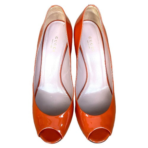 GUCCI Burnt Orange Patent Leather Peep Toe Monogram Heel Wedge Sandals Size 39.5