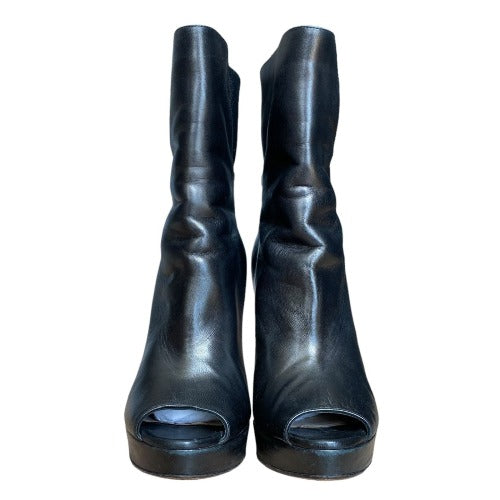 PRADA Black Leather Peep Toe Platform Heeled Ankle Boots, Size 37.5