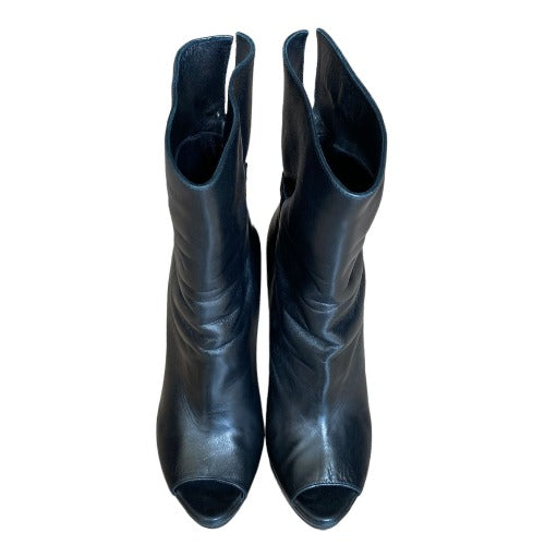 PRADA Black Leather Peep Toe Platform Heeled Ankle Boots, Size 37.5