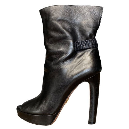 PRADA Black Leather Peep Toe Platform Heeled Ankle Boots, Size 37.5