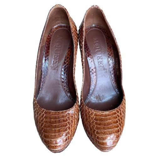 ALEXANDER MCQUEEN Brown Python Leather Round Toe Platform Pumps, Size 36