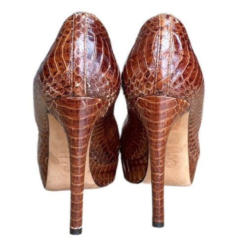 ALEXANDER MCQUEEN Brown Python Leather Round Toe Platform Pumps, Size 36