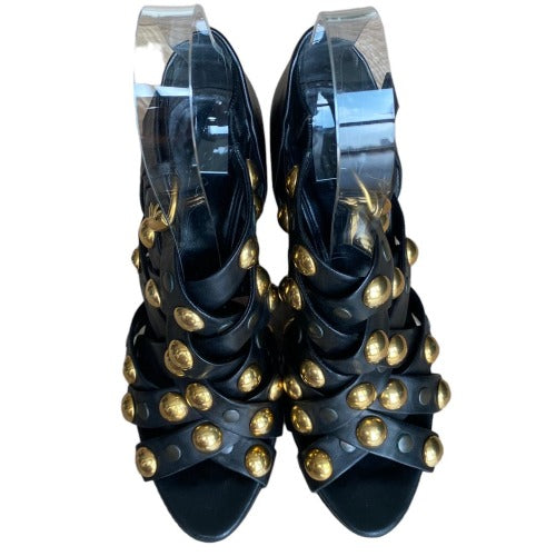 GUCCI Black Leather, Babouska Studded Cage Strappy Heeled Sandals, Size 39