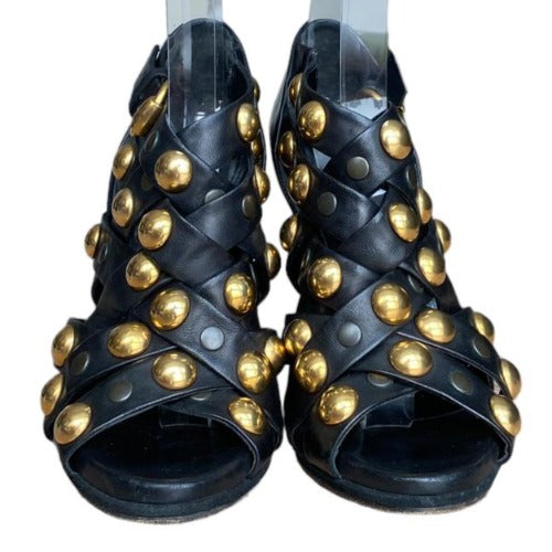 GUCCI Black Leather, Babouska Studded Cage Strappy Heeled Sandals, Size 39