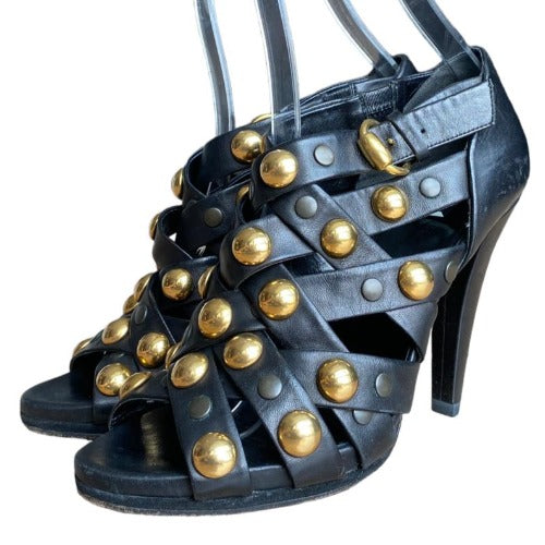 GUCCI Black Leather, Babouska Studded Cage Strappy Heeled Sandals, Size 39