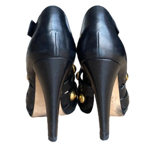 GUCCI Black Leather, Babouska Studded Cage Strappy Heeled Sandals, Size 39