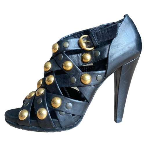 GUCCI Black Leather, Babouska Studded Cage Strappy Heeled Sandals, Size 39