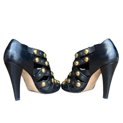 GUCCI Black Leather, Babouska Studded Cage Strappy Heeled Sandals, Size 39
