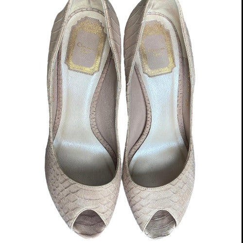 CHRISTIAN DIOR Poudre Python Leather Peep Toe Platform Pumps, Size 38