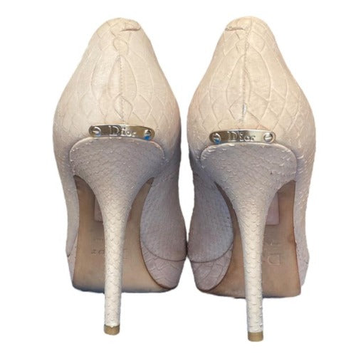 CHRISTIAN DIOR Poudre Python Leather Peep Toe Platform Pumps, Size 38