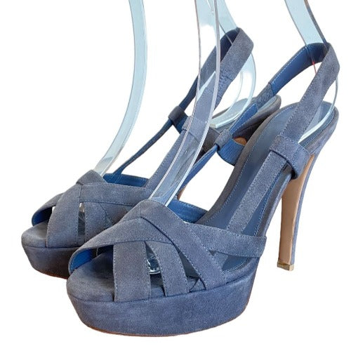 GIANVITO ROSSI Gray Suede Strappy Platform Heeled Sandals, Size 39