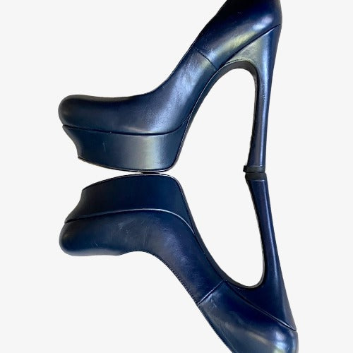 NEW YVES SAINT LAURENT Navy Leather Round Toe Tribute Platform Pumps, Size 36.5