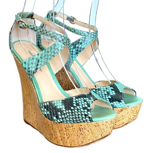 ALEXANDRE BIRMAN Green Python Leather Strappy Cork Wedge Sandals, Size 37