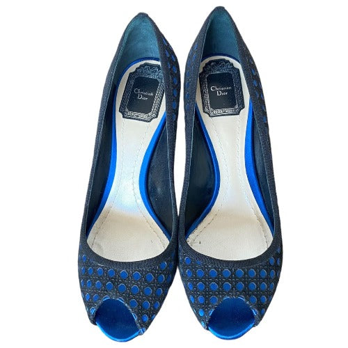 CHRISTIAN DIOR Black Suede w/ Blue Satin Contrast Cannage Peep Toe Pumps, 38.5