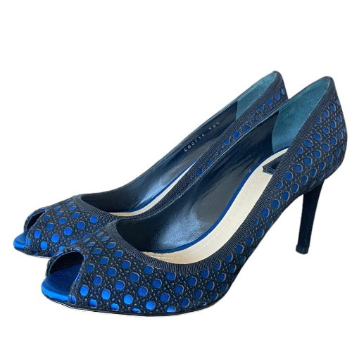 CHRISTIAN DIOR Black Suede w/ Blue Satin Contrast Cannage Peep Toe Pumps, 38.5