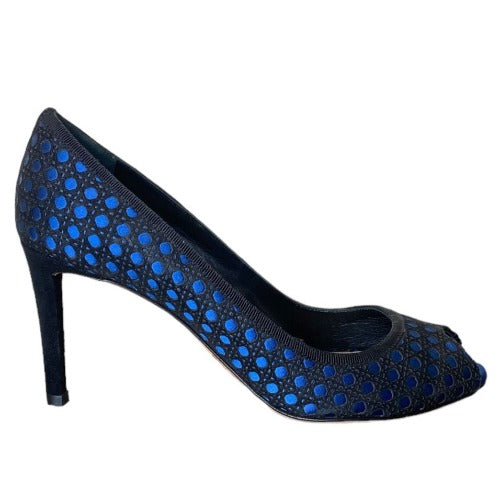 CHRISTIAN DIOR Black Suede w/ Blue Satin Contrast Cannage Peep Toe Pumps, 38.5