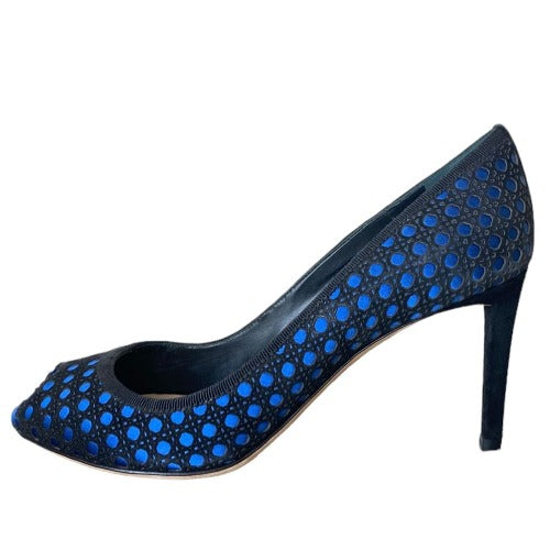 CHRISTIAN DIOR Black Suede w/ Blue Satin Contrast Cannage Peep Toe Pumps, 38.5