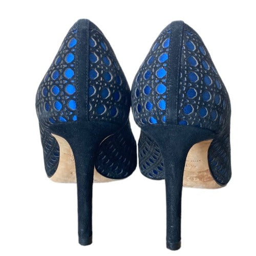 CHRISTIAN DIOR Black Suede w/ Blue Satin Contrast Cannage Peep Toe Pumps, 38.5