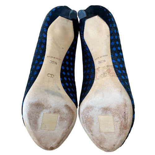 CHRISTIAN DIOR Black Suede w/ Blue Satin Contrast Cannage Peep Toe Pumps, 38.5