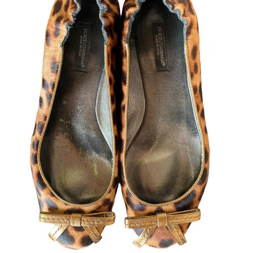 DOLCE & GABBANA Calf Hair Leopard Print Bow Accent Flat Ballet Shoes, Size 36