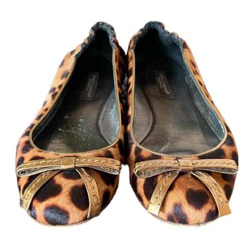 DOLCE & GABBANA Calf Hair Leopard Print Bow Accent Flat Ballet Shoes, Size 36
