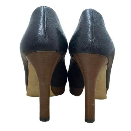GUCCI Black Leather Almond Toe Wood Heel Platform Pumps, Size 37.5