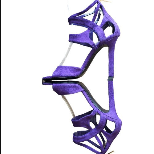 TAMARA MELLON Fatale Purple Suede Strappy Open Toe Caged Sandals, Size 36