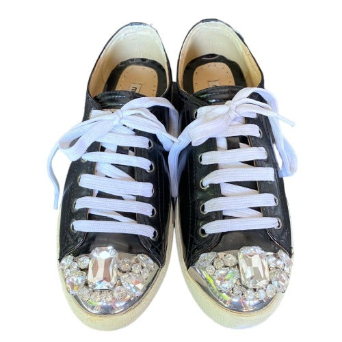 MIU MIU Black Patent Leather Crystal Embellished Lace Up Sneaker, Size 37