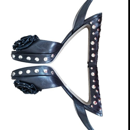 VALENTINO Black Leather Rose Buckle Studded Slingback Platform Sandals Size 38.5