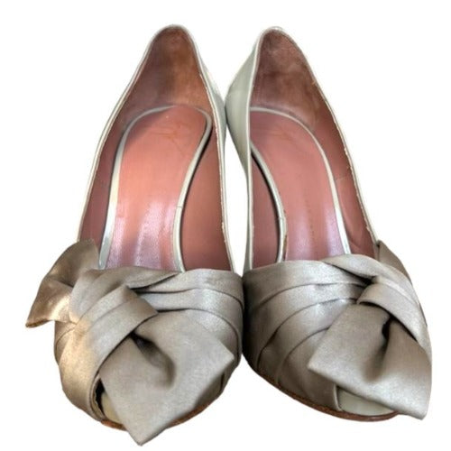 GIUSEPPE ZANOTTI Beige Patent Leather Satin Bow Peep Toe Pumps, Size 36.5