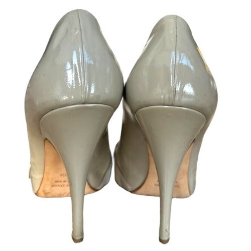 GIUSEPPE ZANOTTI Beige Patent Leather Satin Bow Peep Toe Pumps, Size 36.5