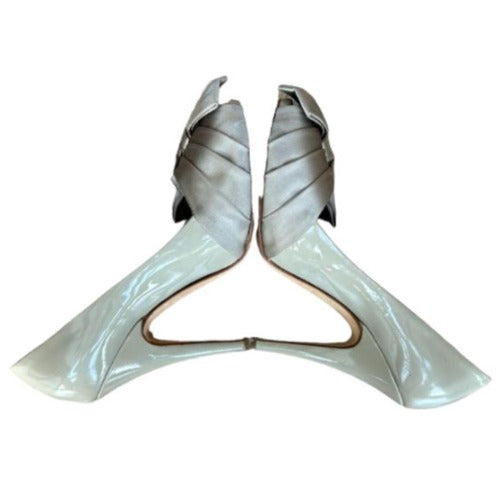 GIUSEPPE ZANOTTI Beige Patent Leather Satin Bow Peep Toe Pumps, Size 36.5