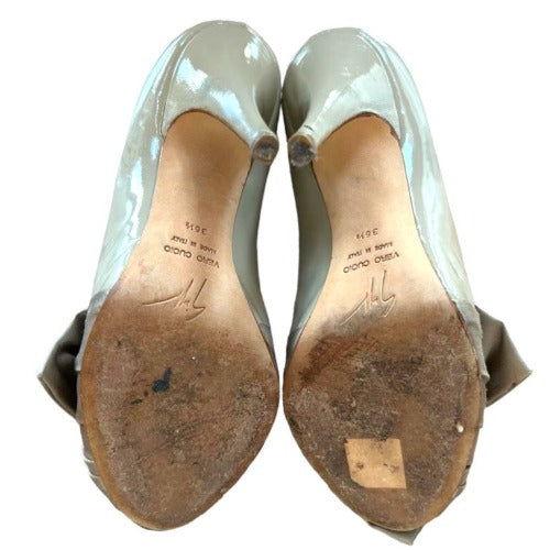 GIUSEPPE ZANOTTI Beige Patent Leather Satin Bow Peep Toe Pumps, Size 36.5