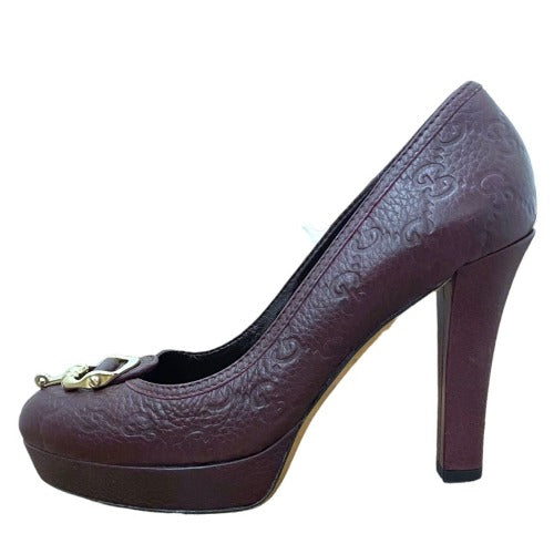 GUCCI Burgundy Leather Monogram Horsebit Platform Pumps, Size 37.5